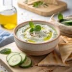 Lazy Tzatziki Dip in a bowl with pita bread and cucumber slices