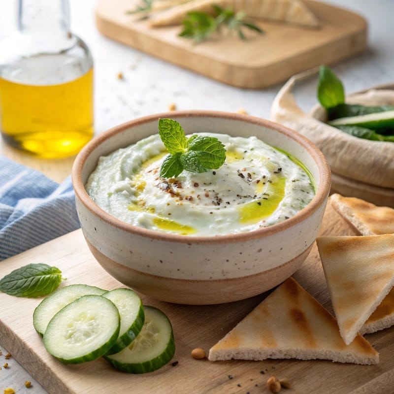 Lazy Tzatziki Dip in a bowl with pita bread and cucumber slices