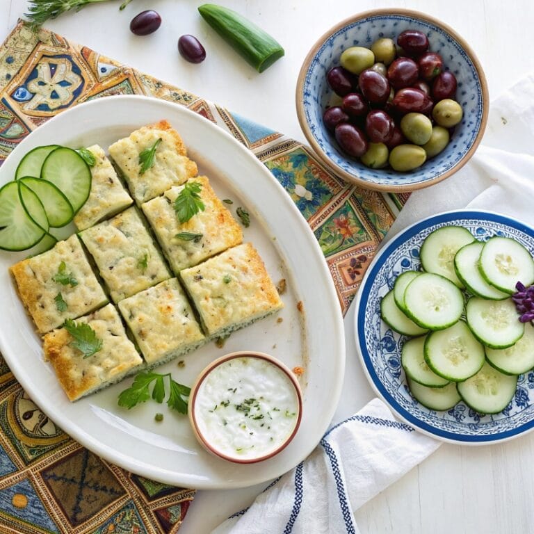 zucchini-feta-bars-serving.jpg Zucchini feta bars served with cucumber, olives, and tzatziki