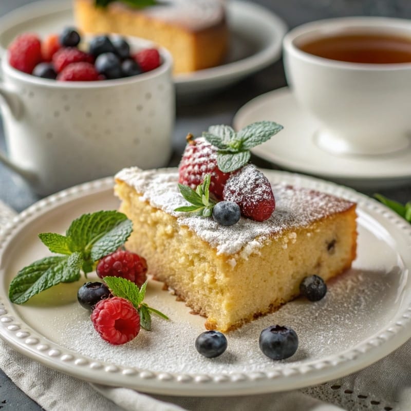 Slice of olive oil cake dusted with sugar and served with berries