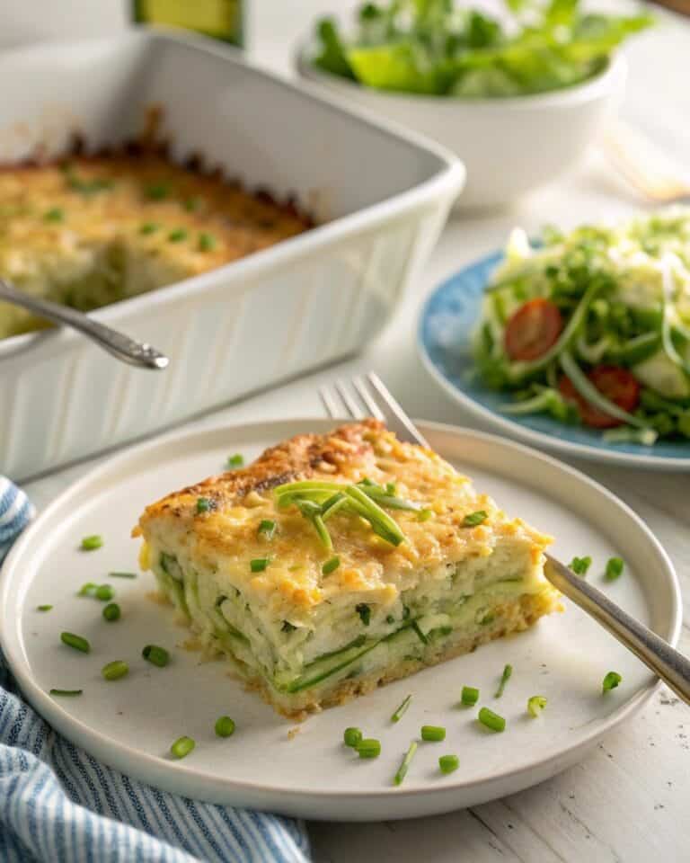 serving-shredded-zucchini-casserole.jpg Slice of shredded zucchini casserole with salad