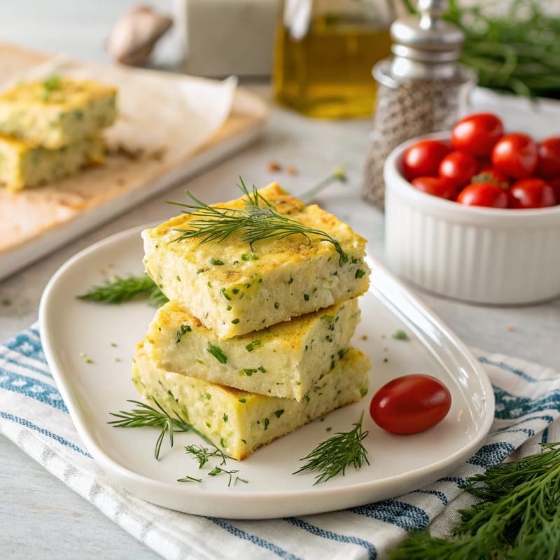 Golden zucchini feta bars stacked on a plate with dill and cherry tomatoes