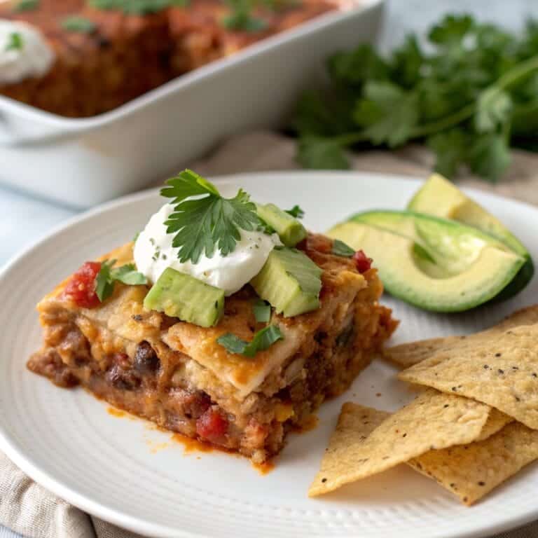 taco-casserole-served-slice.jpg Taco casserole slice served with toppings and tortilla chips