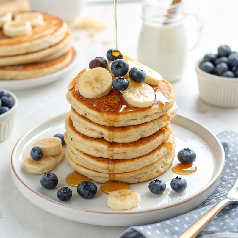 Stack of cottage cheese protein pancakes with syrup and blueberries