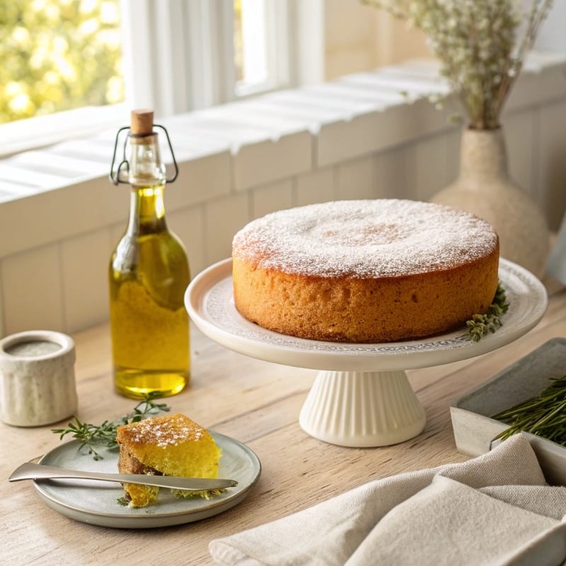 Olive oil cake dusted with powdered sugar on a cake stand