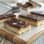 Almond Butter Twix Bars with chocolate, caramel, and almond cookie layers