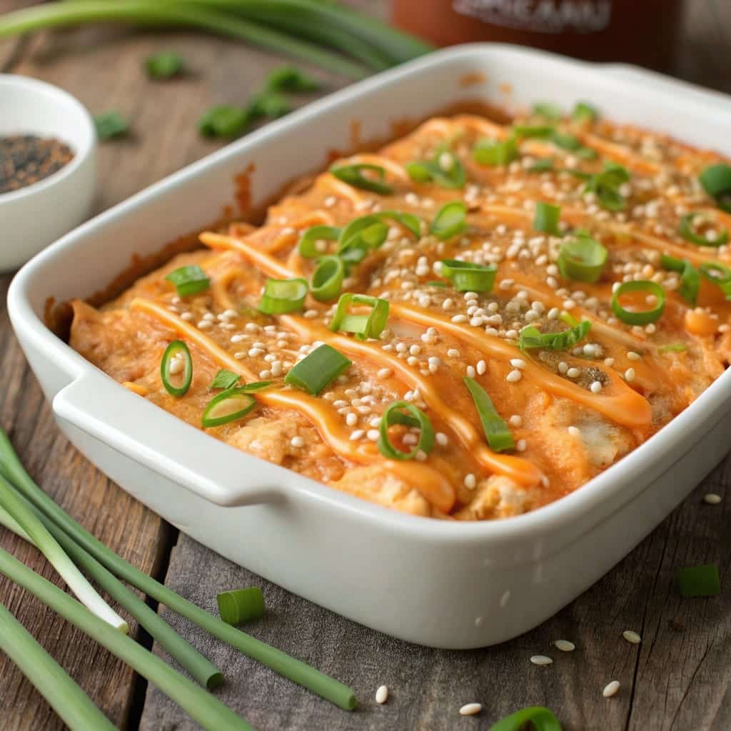 Bang Bang Chicken Casserole with sauce and green onions