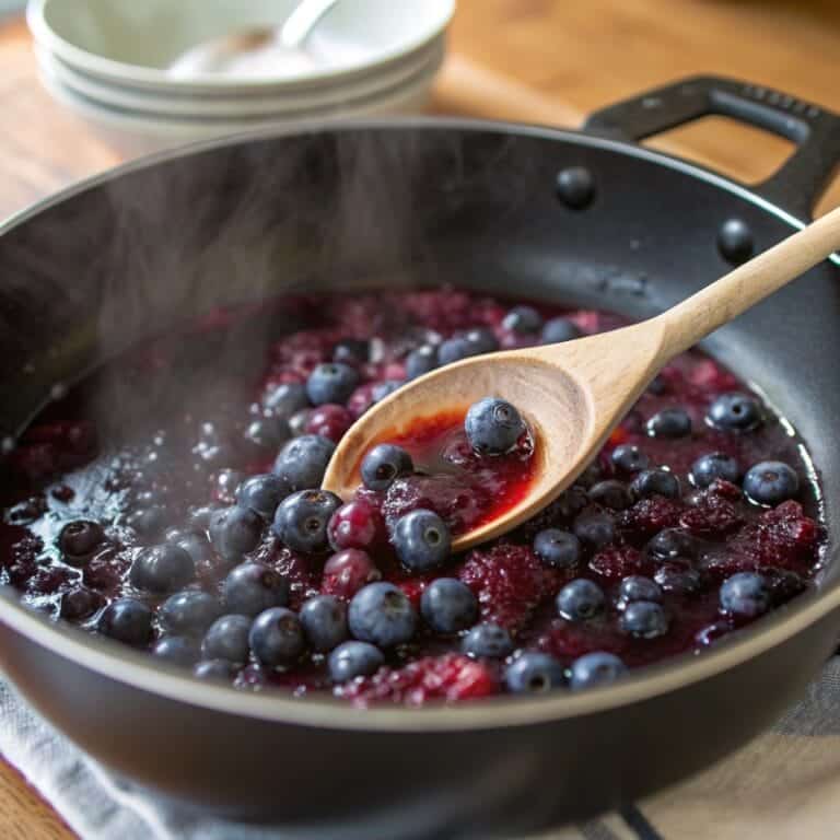 Blueberries simmering in skillet for Blueberry Oat Bar filling