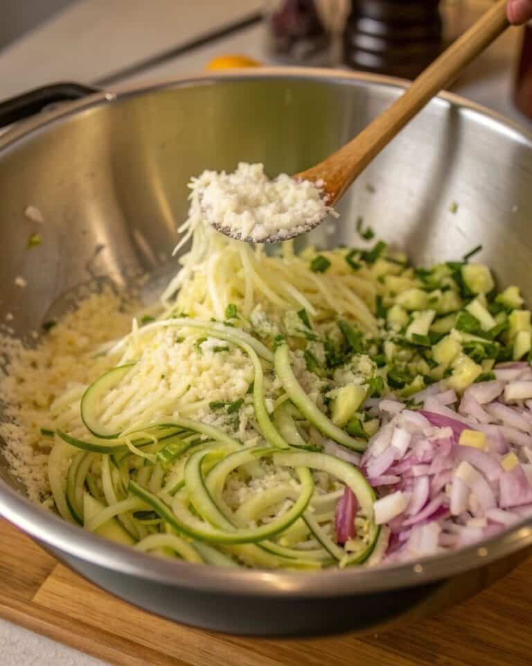 mixing-zucchini-casserole-base.jpg Mixing zucchini, cheese, and onions for casserole