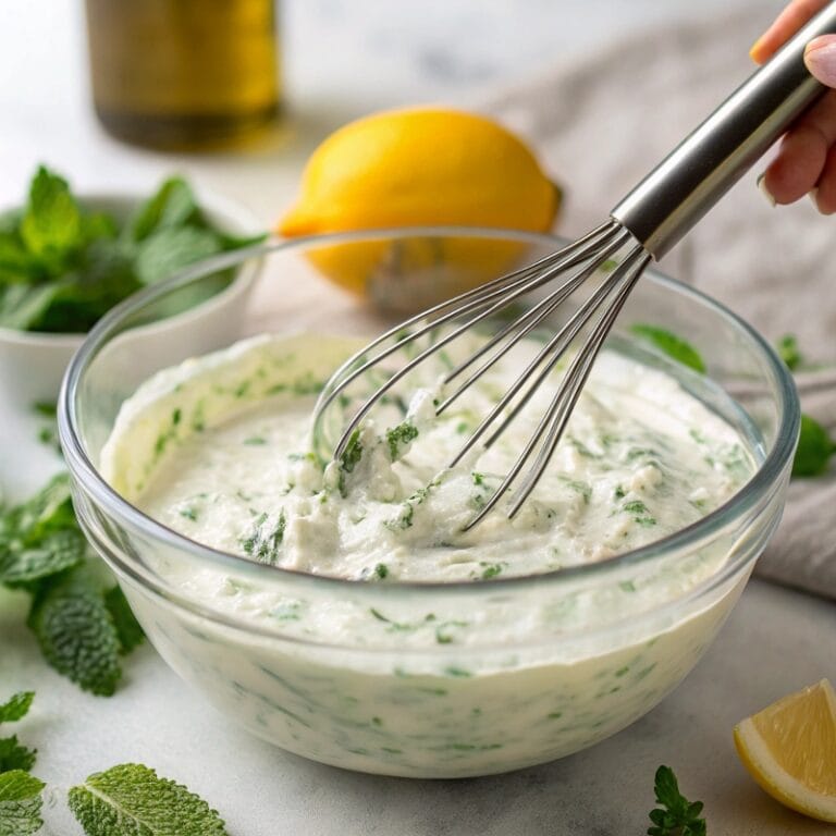 lazy-tzatziki-dip-mixing.jpg Whisking Greek yogurt, olive oil, and lemon for Lazy Tzatziki Dip