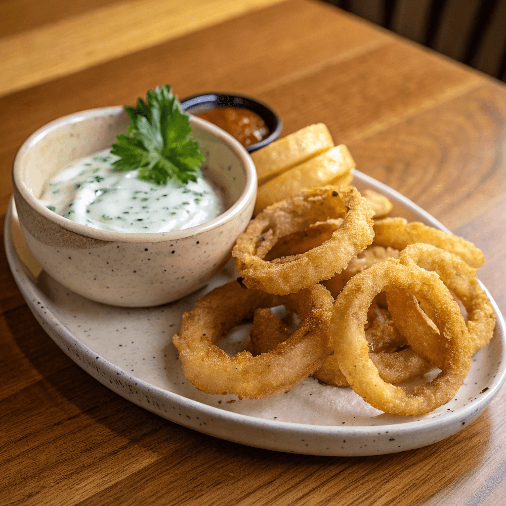 Onion chips served with tzatziki on a small plate