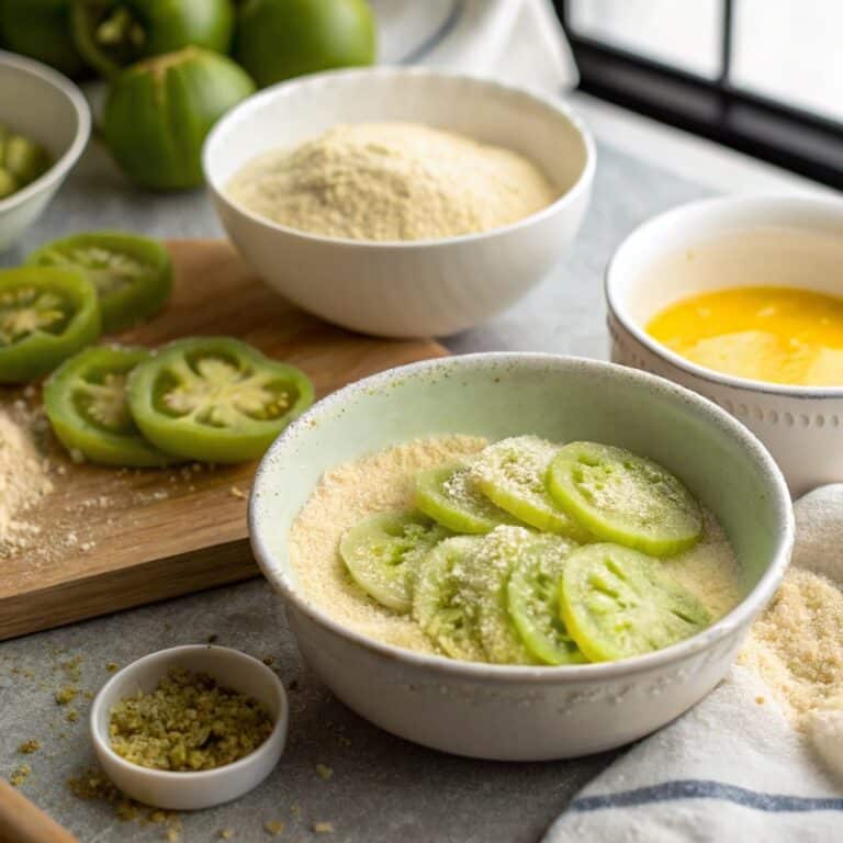 breading-fried-green-tomatoes.jpg Tomato slices being coated in flour, egg wash, and cornmeal