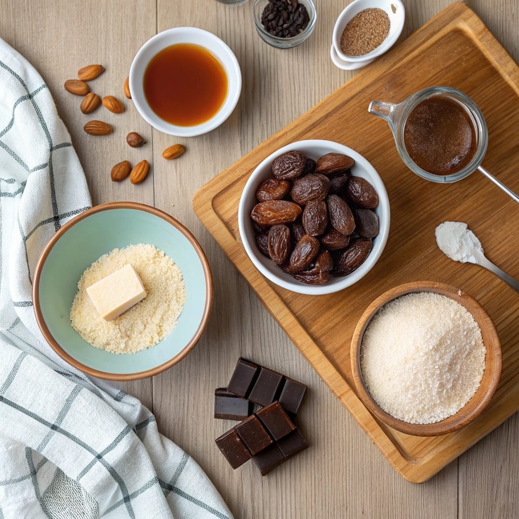 Ingredients for Almond Butter Twix Bars including almond flour, almond butter, dates, chocolate, and maple syrup