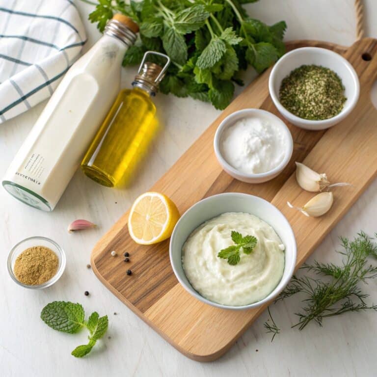 lazy-tzatziki-dip-ingredients.jpg Ingredients for Lazy Tzatziki Dip including yogurt, lemon, olive oil, and mint
