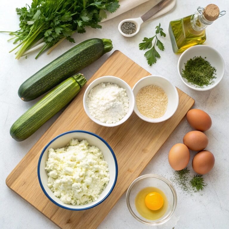 zucchini-feta-bars-ingredients.jpg Ingredients for zucchini feta bars including zucchini, feta, eggs, and herbs