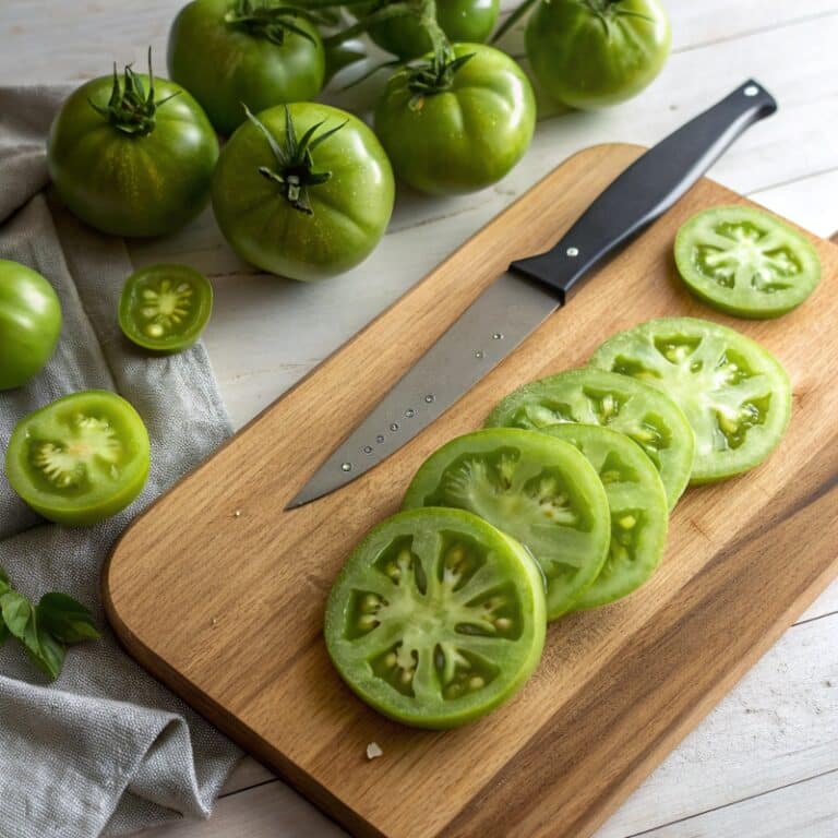 slicing-green-tomatoes.jpg Fresh green tomatoes sliced into rounds for frying