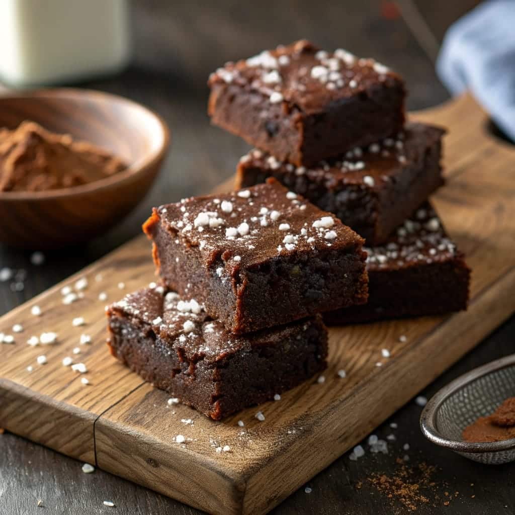 Fudgy healthy zucchini brownies stacked on wooden board