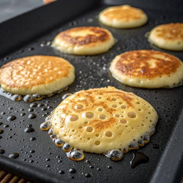 cooking-cottage-cheese-protein-pancakes.jpg Cottage cheese pancakes cooking on a griddle with bubbles on top