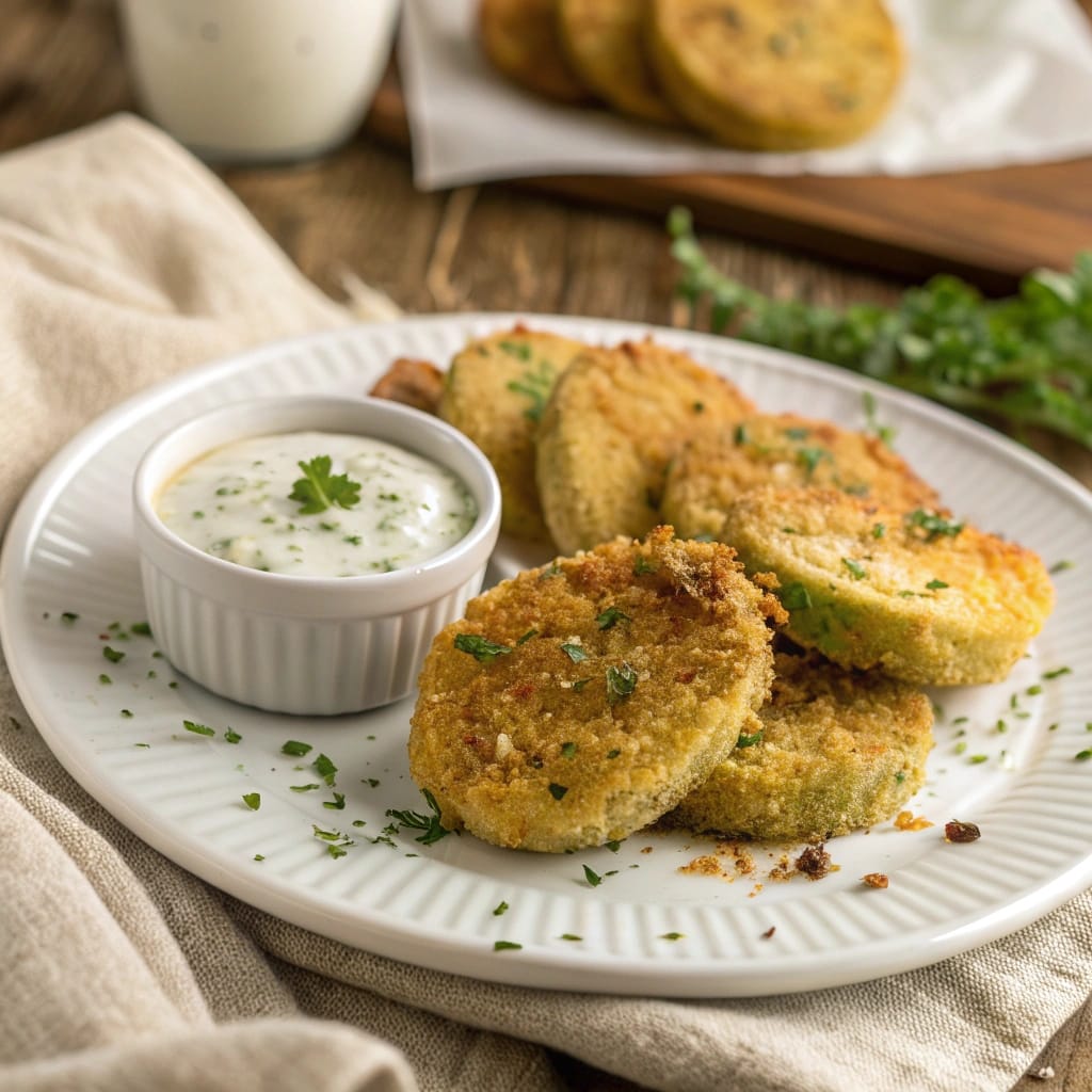 how to make fried green tomatoes : Crispy fried green tomatoes served with ranch dipping sauce