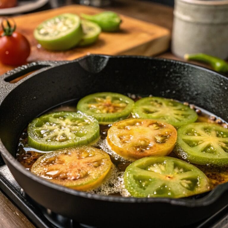 frying-green-tomatoes.jpg Green tomatoes frying in a skillet until golden brown