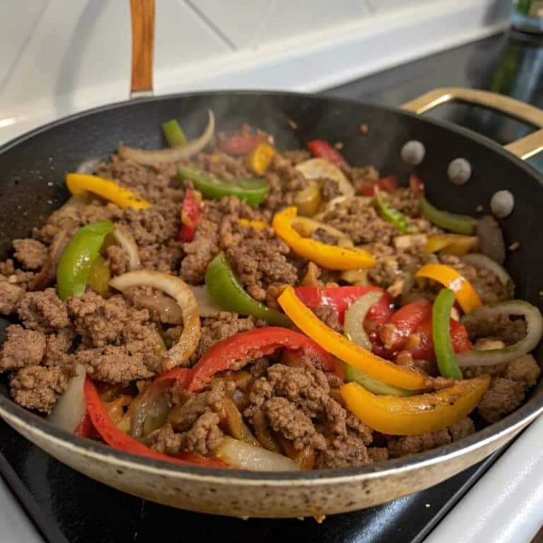 taco-casserole-cooking-beef.jpg Ground beef with onions and peppers cooking for taco casserole