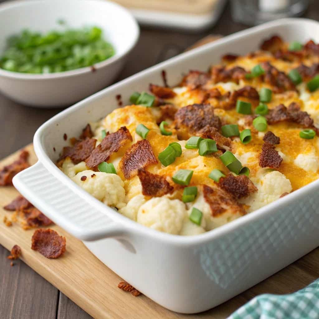 Loaded cauliflower casserole topped with cheese and turkey bacon