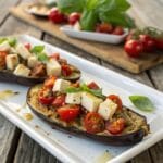 Low Carb Eggplant Bruschetta with tomato, mozzarella, and parmesan