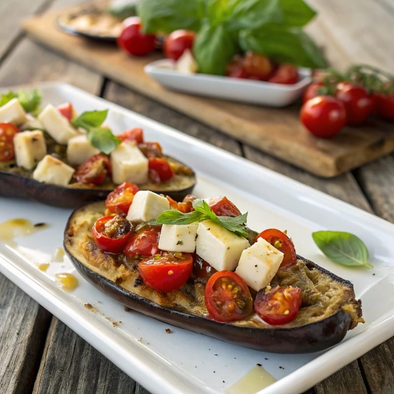 Low Carb Eggplant Bruschetta with tomato, mozzarella, and parmesan
