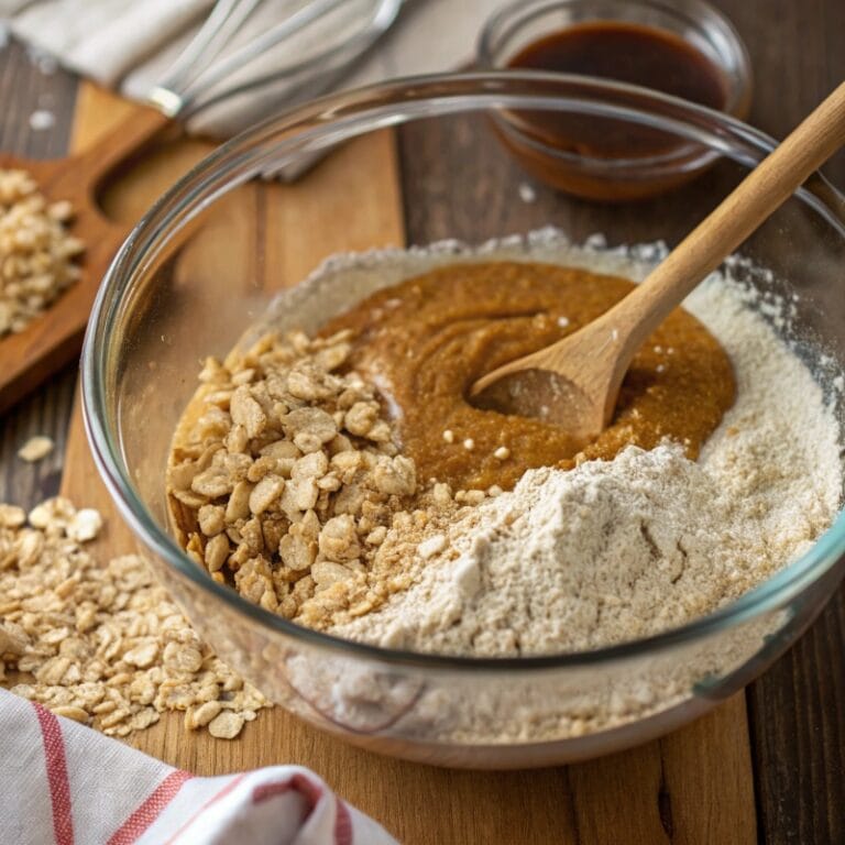 Oat, peanut butter, and maple syrup mixture for Blueberry Oat Bars