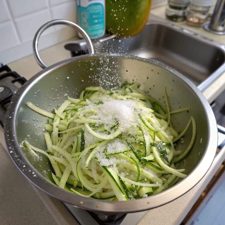 draining-shredded-zucchini.jpg Shredded zucchini draining in a colander with salt