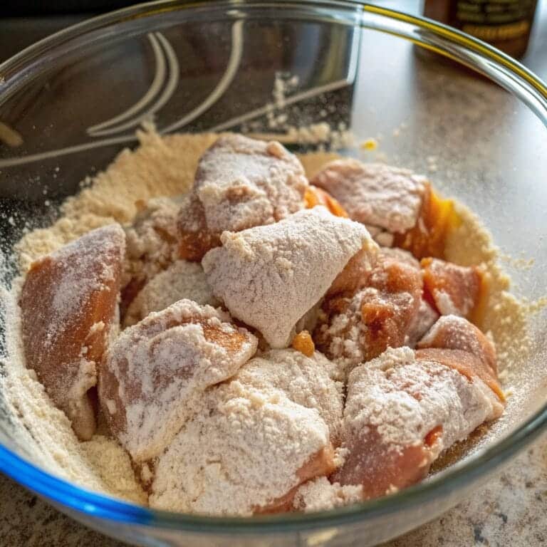 bang-bang-chicken-prep.jpg Marinated chicken coated in flour for casserole