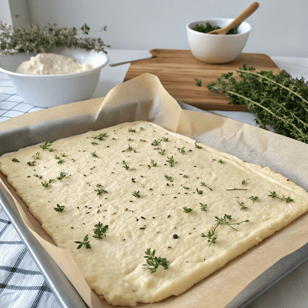 Cottage cheese flatbread batter on baking tray