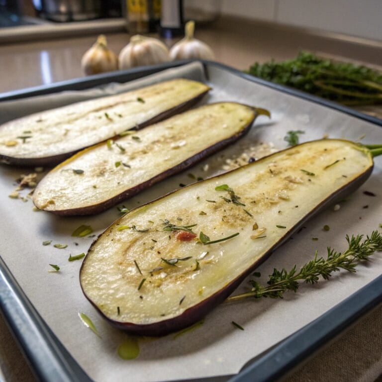 Eggplant halves brushed with olive oil, garlic, and herbs before roasting