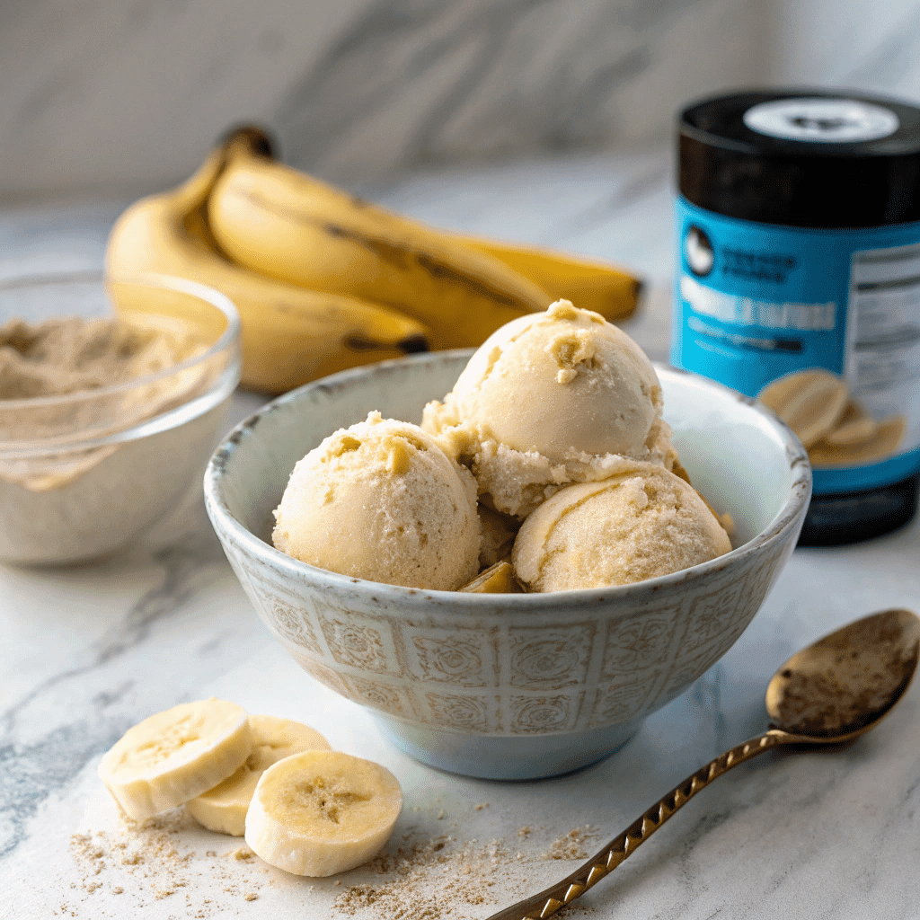 Bowl of creamy High Protein Ice Cream recipe with banana