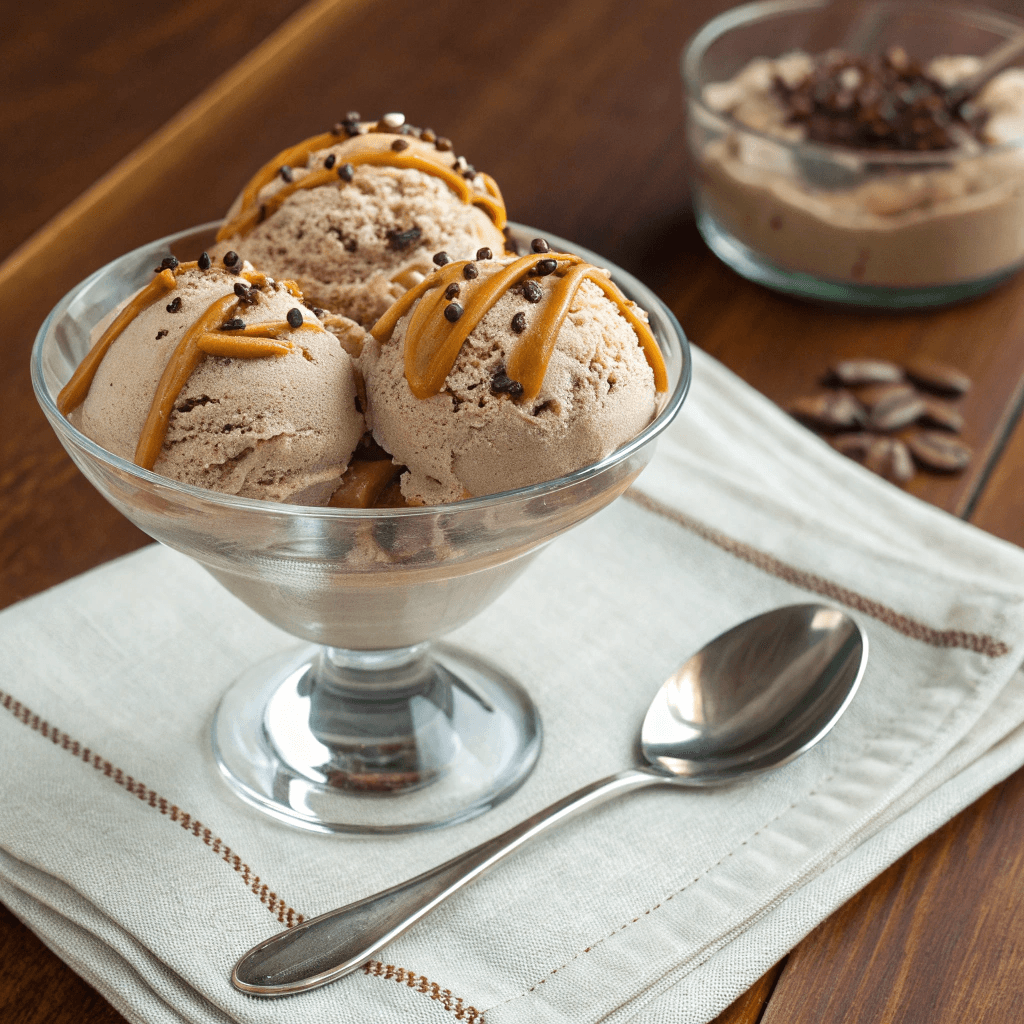 Protein ice cream scooped and topped with almond butter