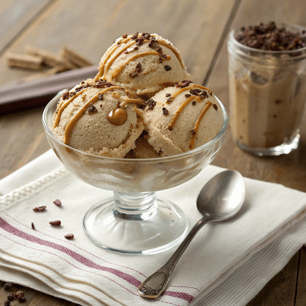 Protein ice cream scooped and topped with almond butter