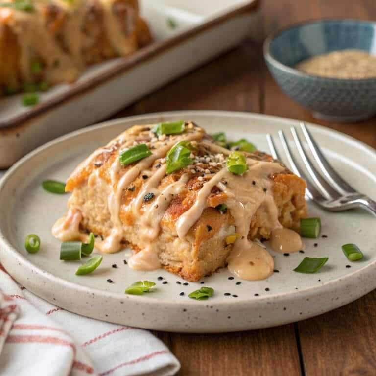 serving-bang-bang-chicken-casserole.jpg Plated serving of Bang Bang Chicken Casserole with sauce