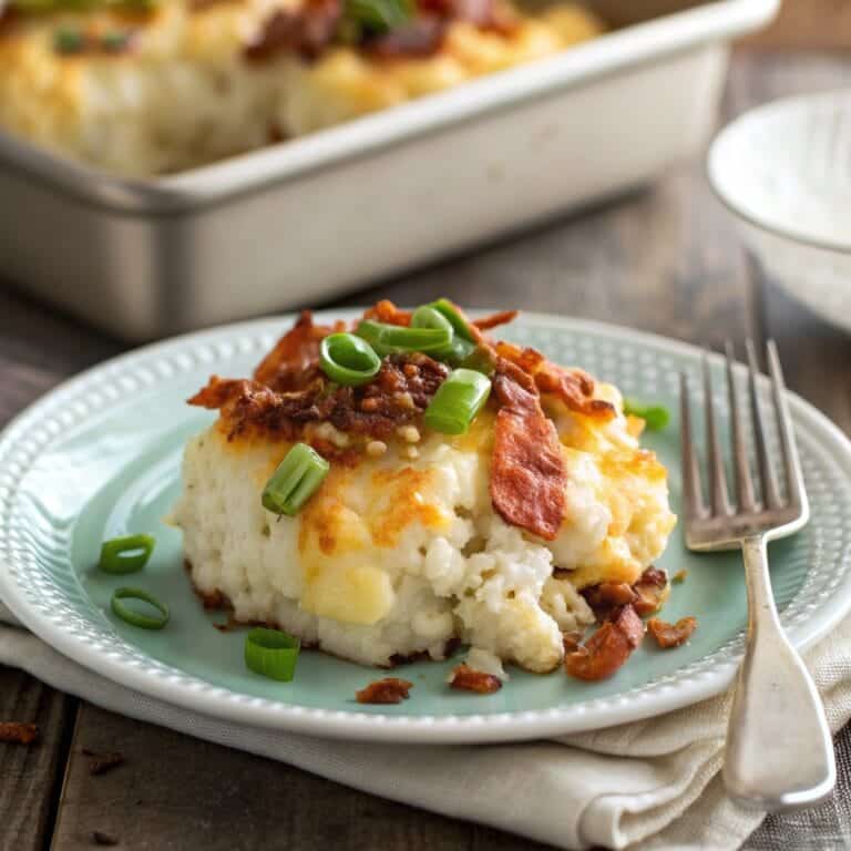 serving-loaded-cauliflower-casserole.jpg Serving of cauliflower casserole with green onions