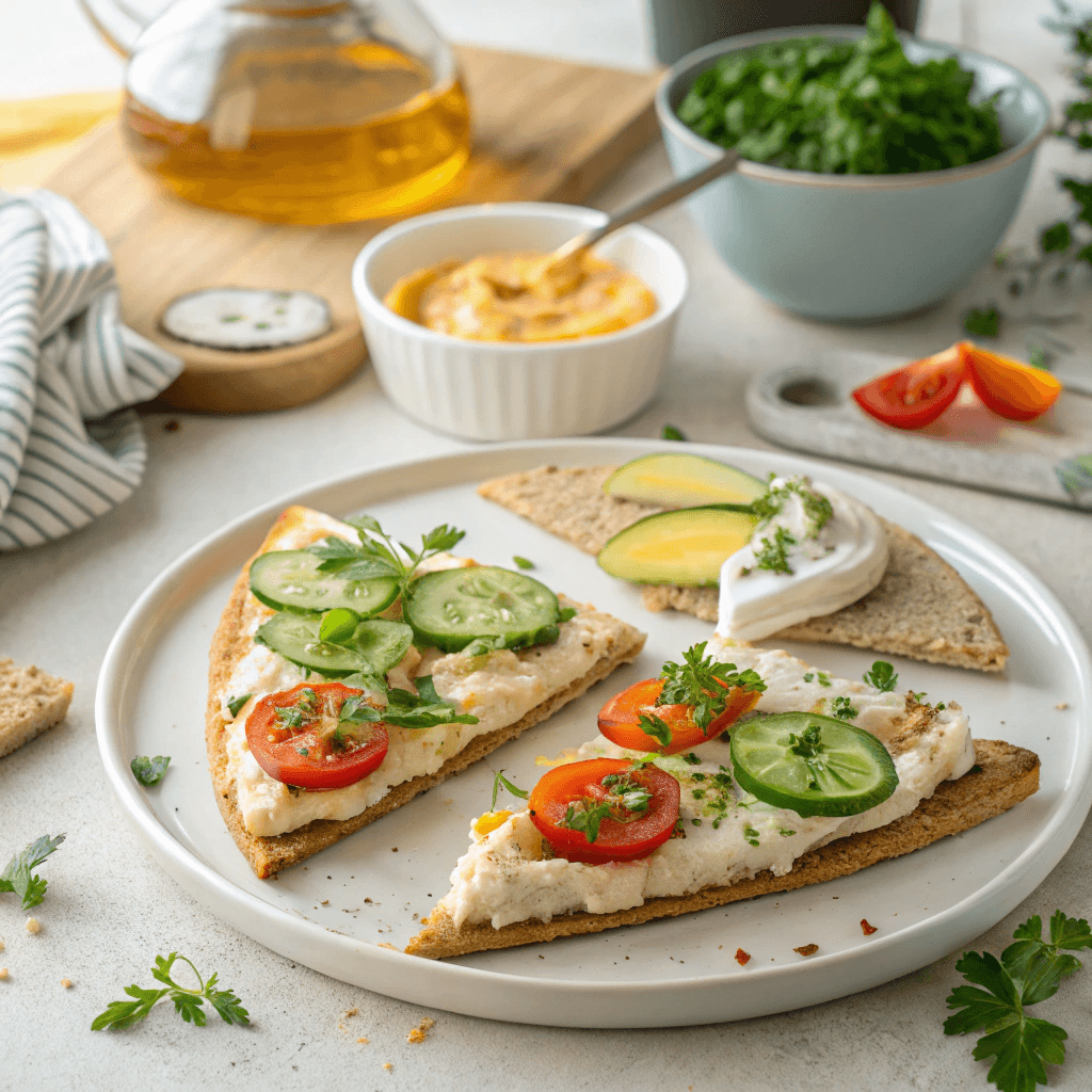 Flatbread slices with hummus and vegetables