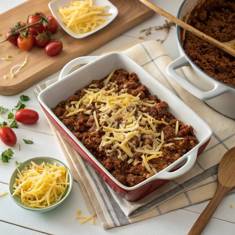 taco-casserole-layering-cheese.jpg Layering taco casserole with beef, beans, and shredded cheese