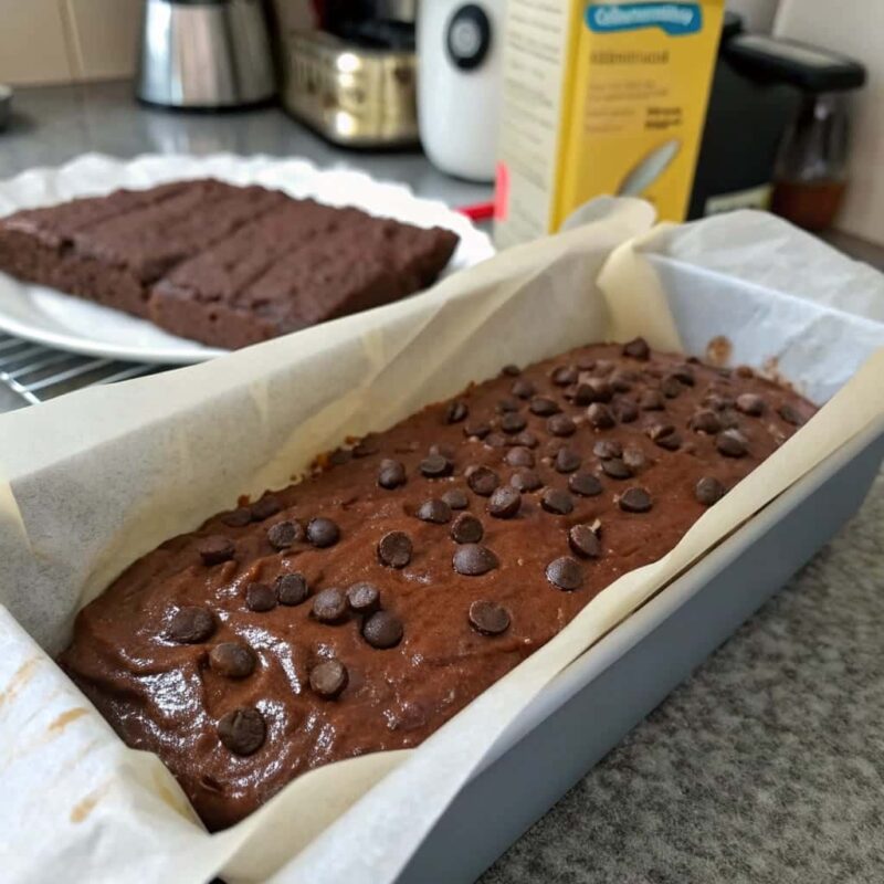Chocolate brownie batter in loaf pan before baking