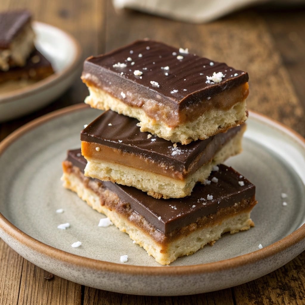 Stacked Almond Butter Twix Bars with bite taken out