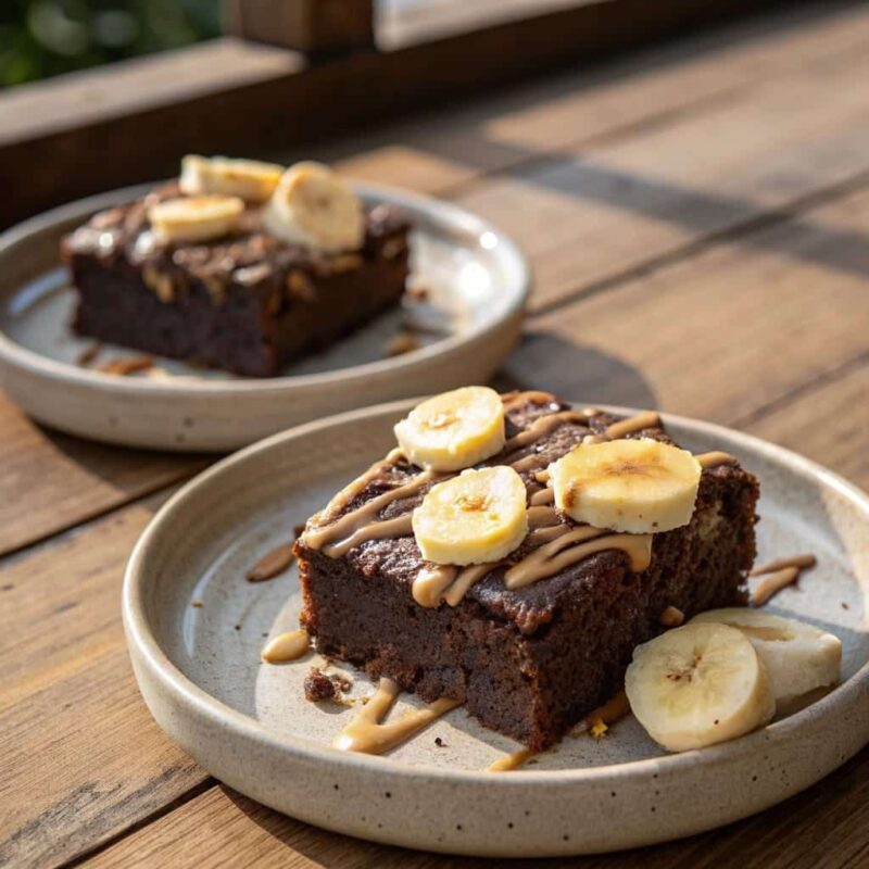 Brownie slices topped with almond butter and banana