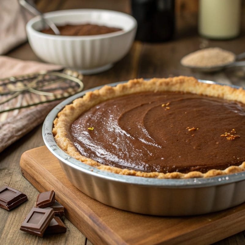 Greek Chocolate Milk Pie baked with cocoa topping