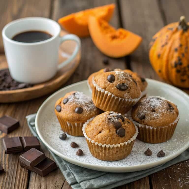 serving-pumpkin-muffins.jpg Mini Pumpkin Chocolate Chip Muffins served with coffee