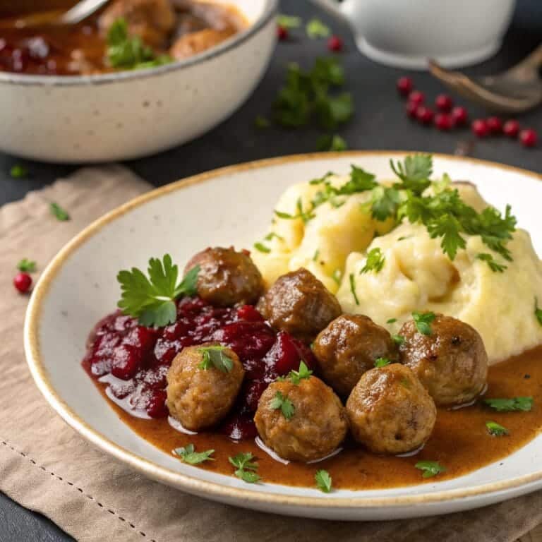 serving-swedish-meatballs.jpg Swedish meatballs served with mashed potatoes and lingonberry sauce