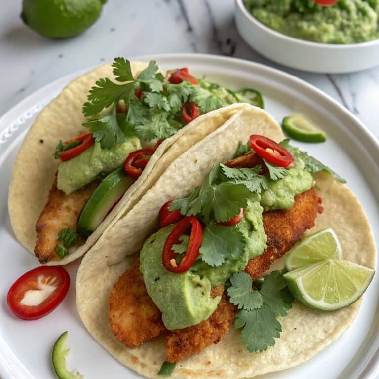 Crispy Fish Taco topped with avocado sauce and lime