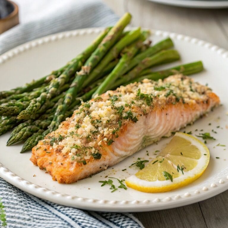 serving-garlic-parmesan-salmon.jpg Garlic Parmesan Crusted Salmon served with asparagus and lemon
