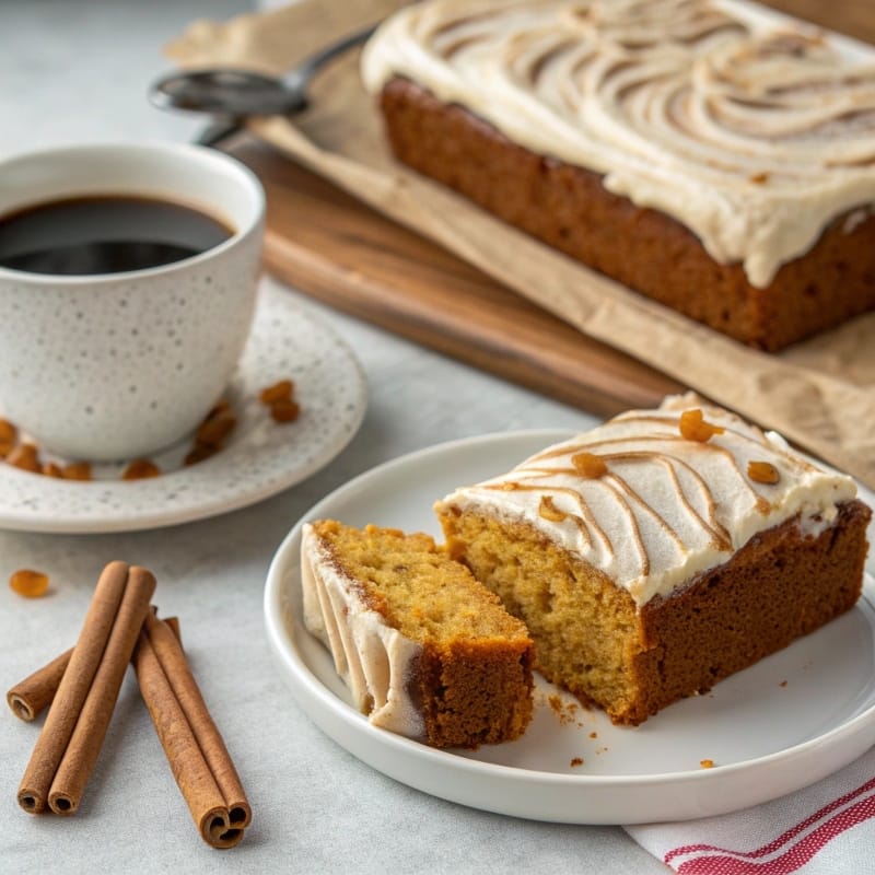 Slice of Healthier Pumpkin Banana Bread with coffee