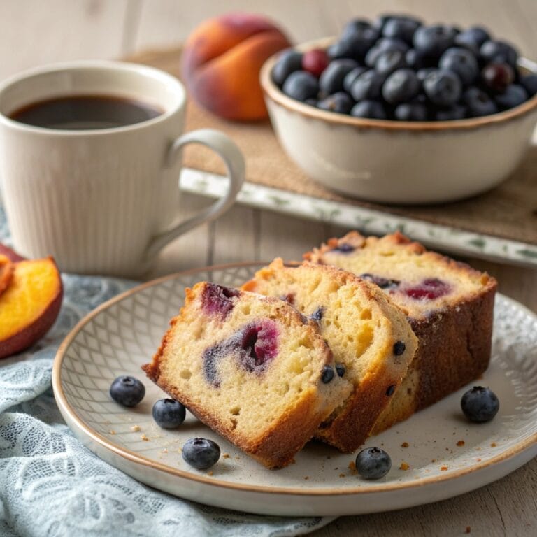 serving-peach-blueberry-loaf.jpg Slice of Easy Peach Blueberry Loaf with coffee
